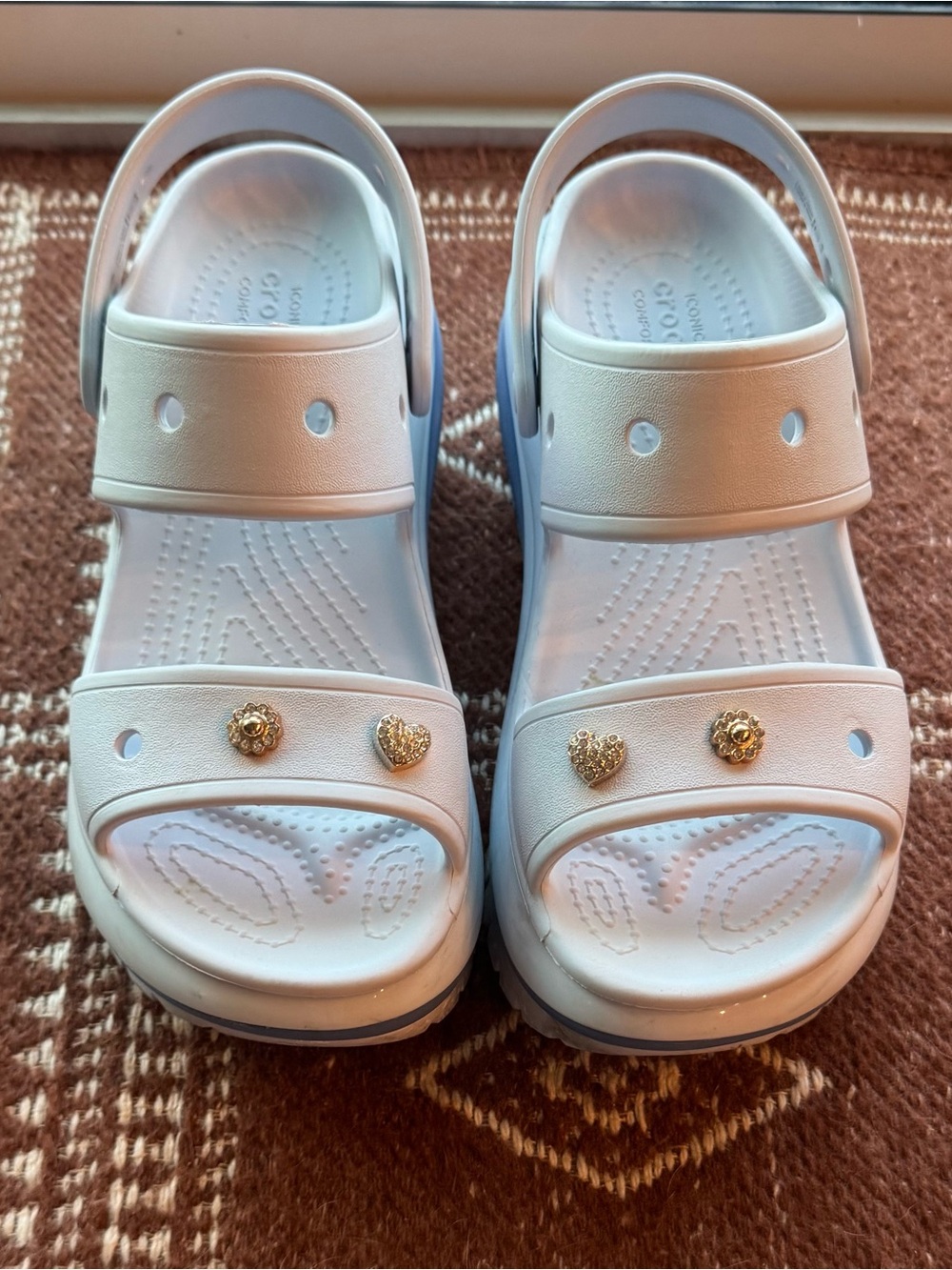 Adult Crocs Platform Baby Blue Comfort Slide Sandals with Gold Charms - Picture 2 of 3